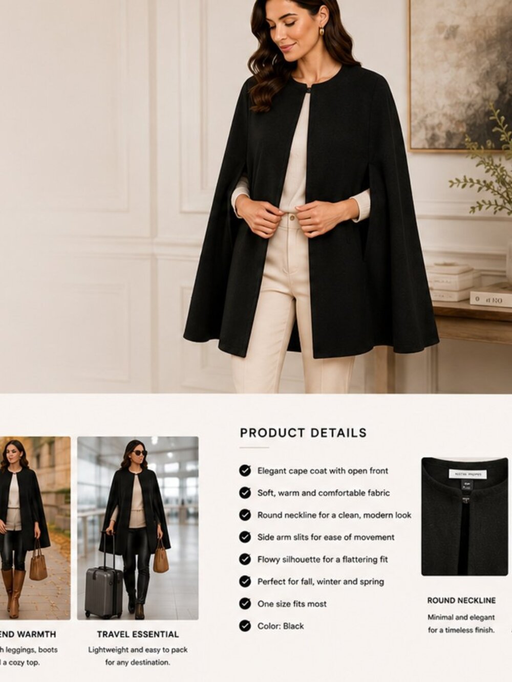 Boston Proper Classic Black Cape Coat One Size Fits All